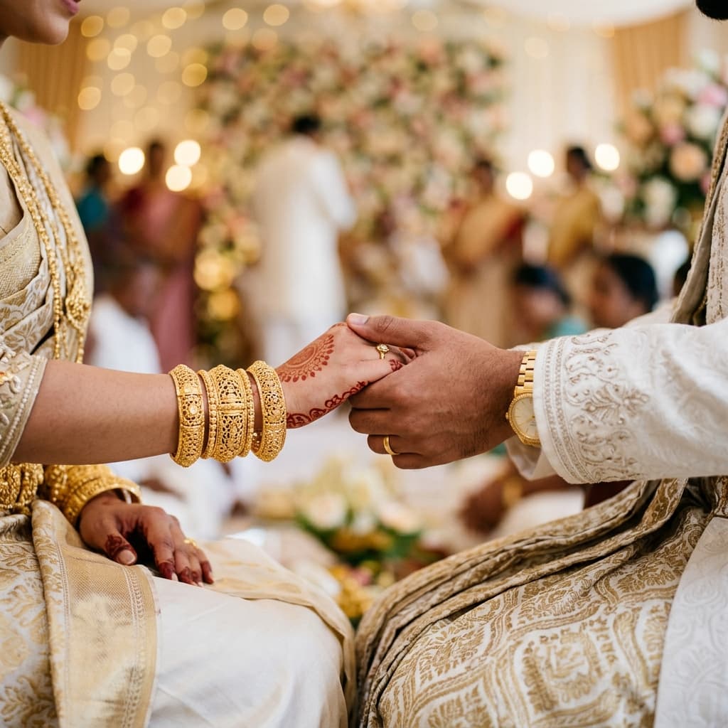 A couple at a traditional Sri Lankan wedding ceremony